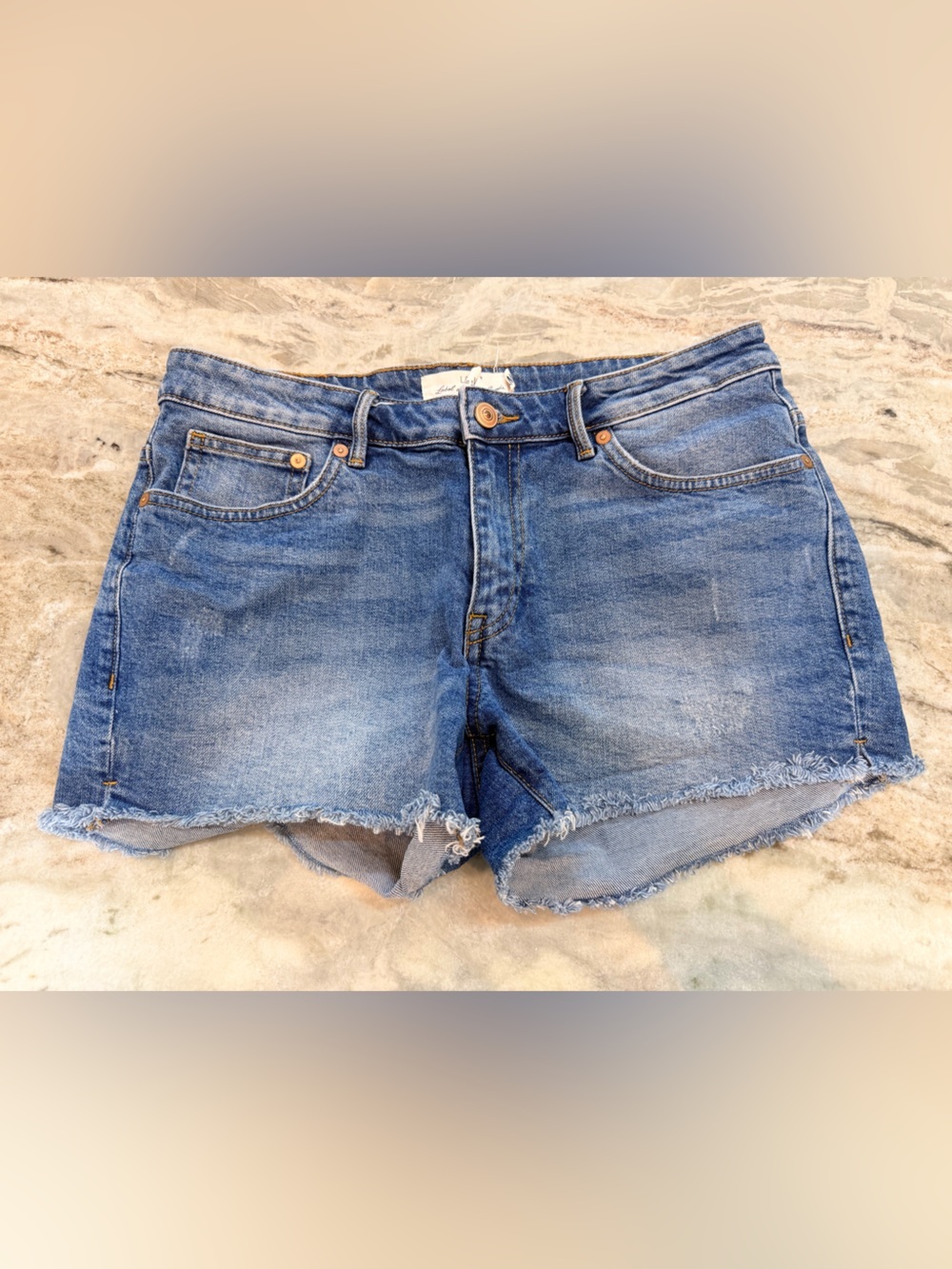 H&M LOGG Denim Cutoff Shorts Size 10 Medium Wash Raw Hem Jean Shorts